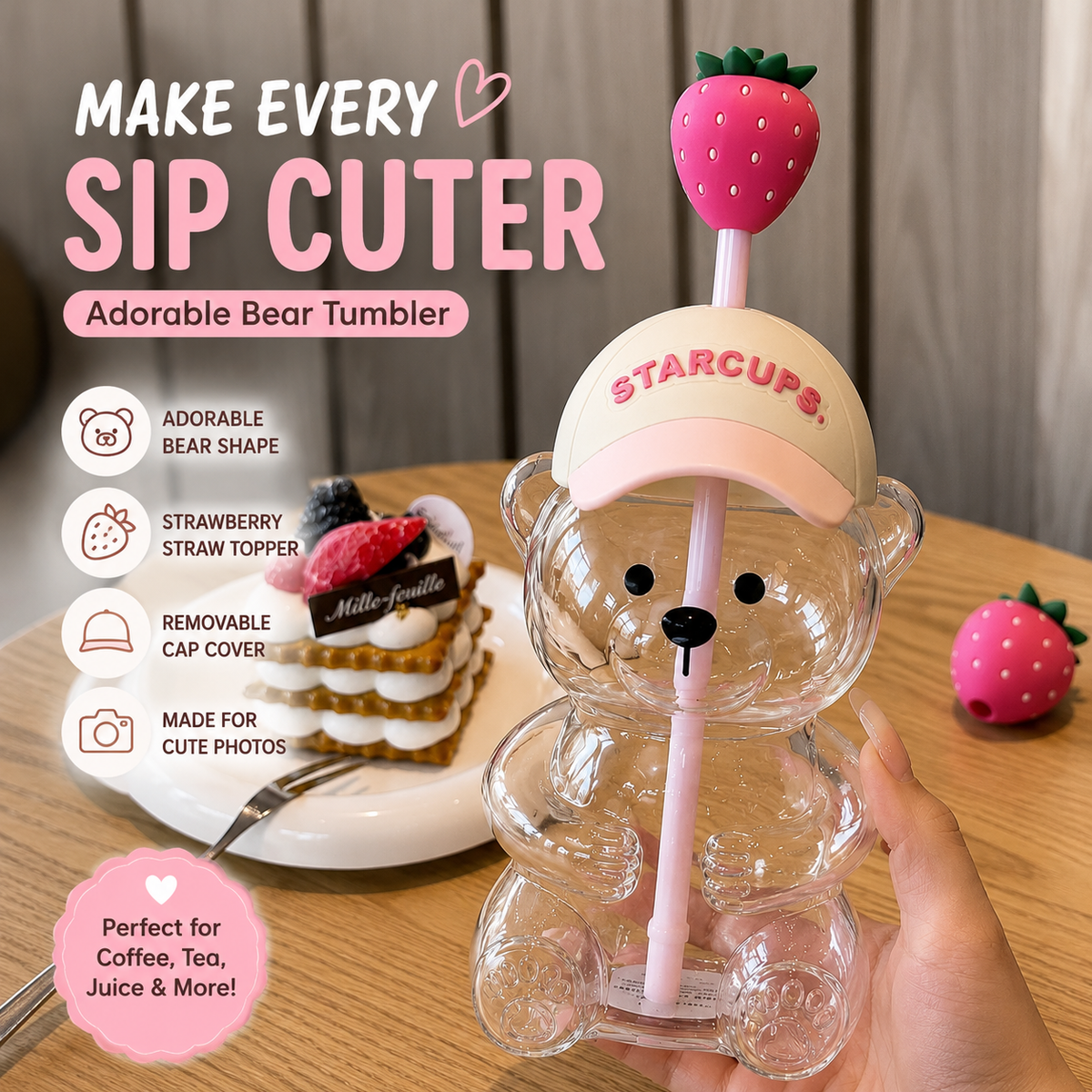 2026 Cute Bear 20oz Glass Tumbler, Bear Lid + Strawberry Straw, Reusable Cup for Iced Coffee, Boba, Cold Drinks, Dishwasher Safe