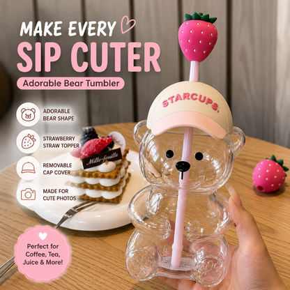 2026 Cute Bear 20oz Glass Tumbler, Bear Lid + Strawberry Straw, Reusable Cup for Iced Coffee, Boba, Cold Drinks, Dishwasher Safe