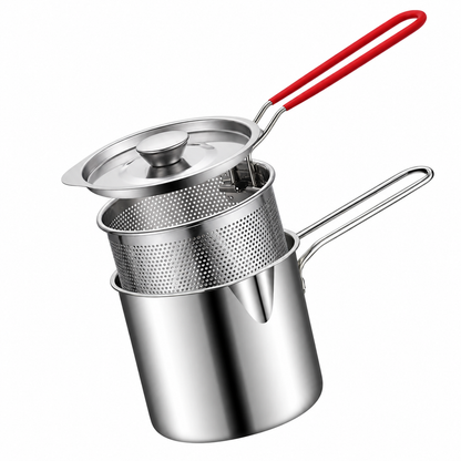 Mini Stainless Steel Deep Fryer Pot Set with Removable Draining Basket & Food Tongs