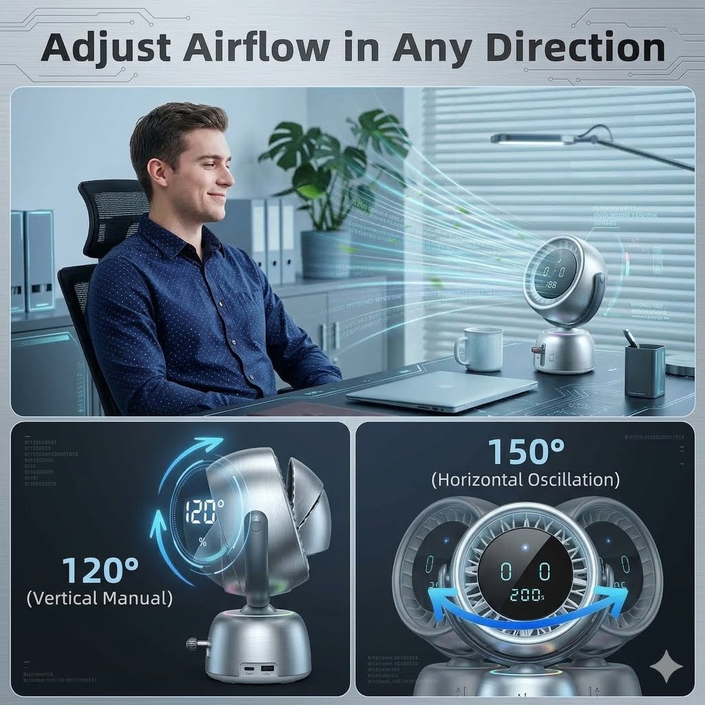 ❄️ Smart Face-Tracking Desk Fan – 200-Speed Quiet Cooling & Digital Display