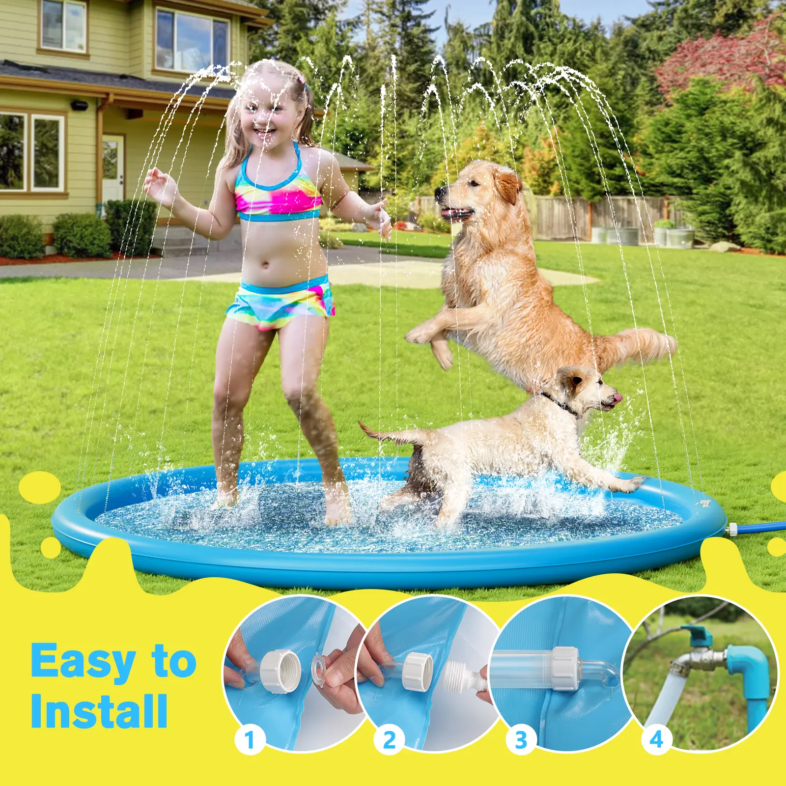 Pecute Dog Splash Pad Sprinkler Mat – Durable Non-Slip Water Play Mat