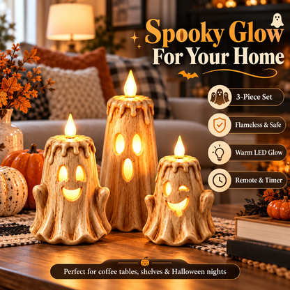3-Piece Glowing Ghost Candle Set – Cozy Halloween Decor