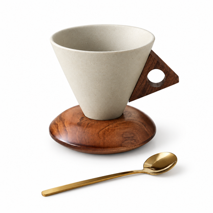 ☕Wabi-Sabi Conical Ceramic Coffee Mug with Acacia Wood Base