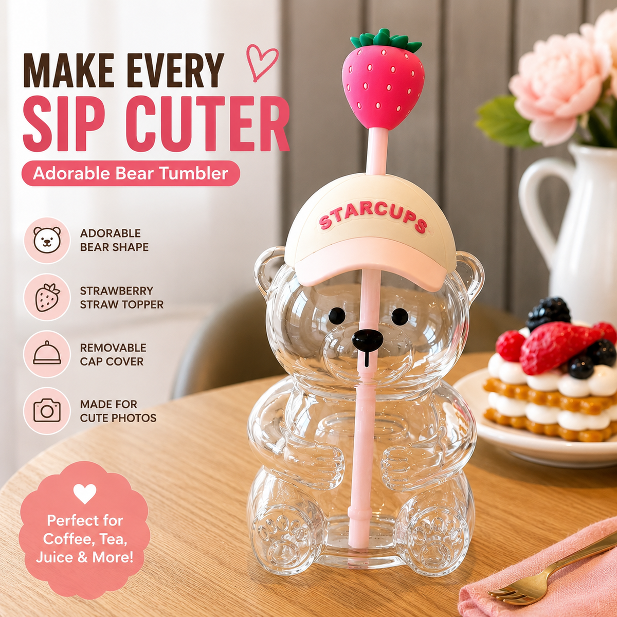 2026 Cute Bear 20oz Glass Tumbler, Bear Lid + Strawberry Straw, Reusable Cup for Iced Coffee, Boba, Cold Drinks, Dishwasher Safe