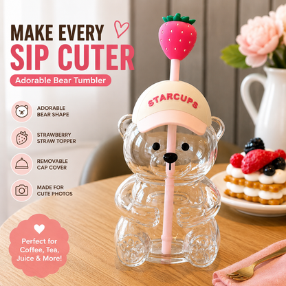 2026 Cute Bear 20oz Glass Tumbler, Bear Lid + Strawberry Straw, Reusable Cup for Iced Coffee, Boba, Cold Drinks, Dishwasher Safe