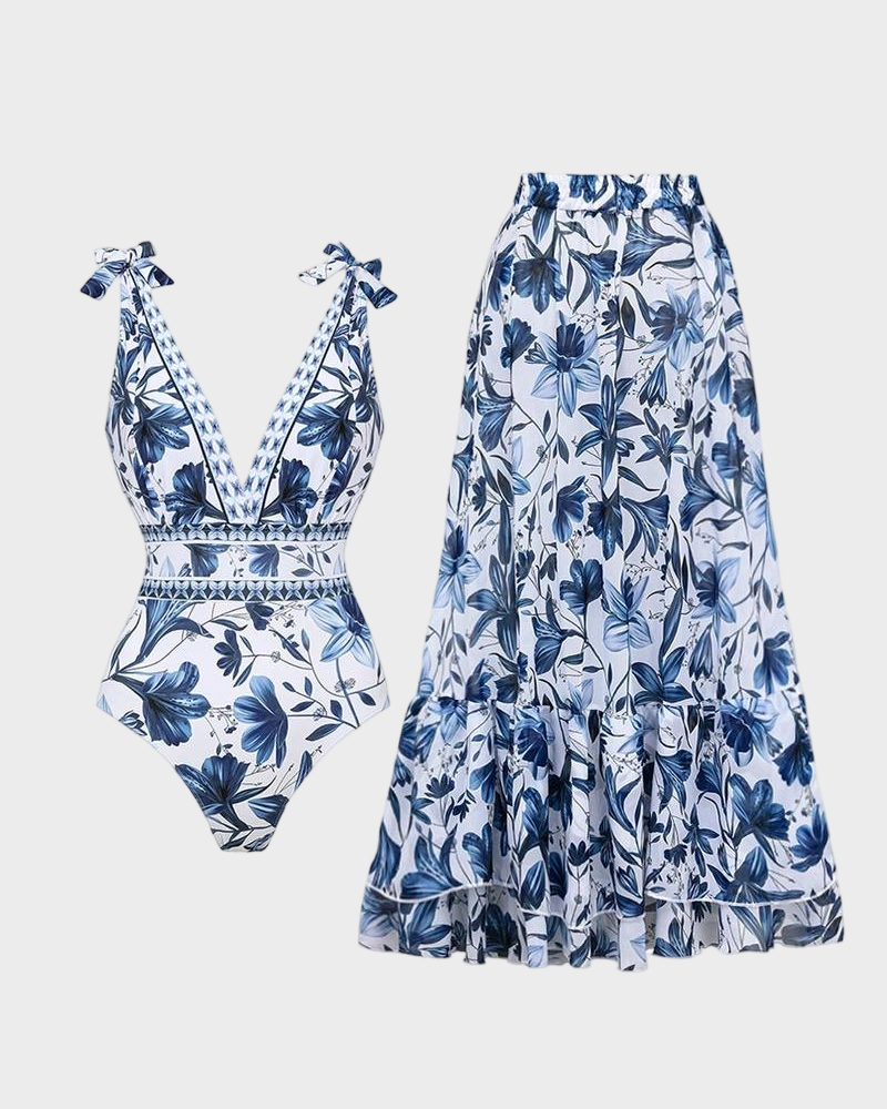 Blue Print Swimsuit Set with Cover Skirt V Neck Swimsuit Dress2