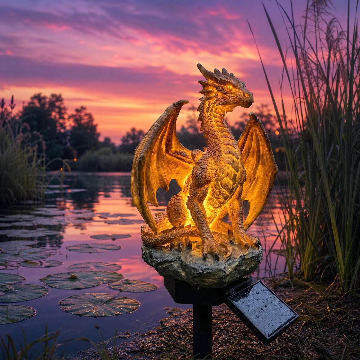 🐉 Glowing Solar Dragon Garden Statue – Golden Ember Light
