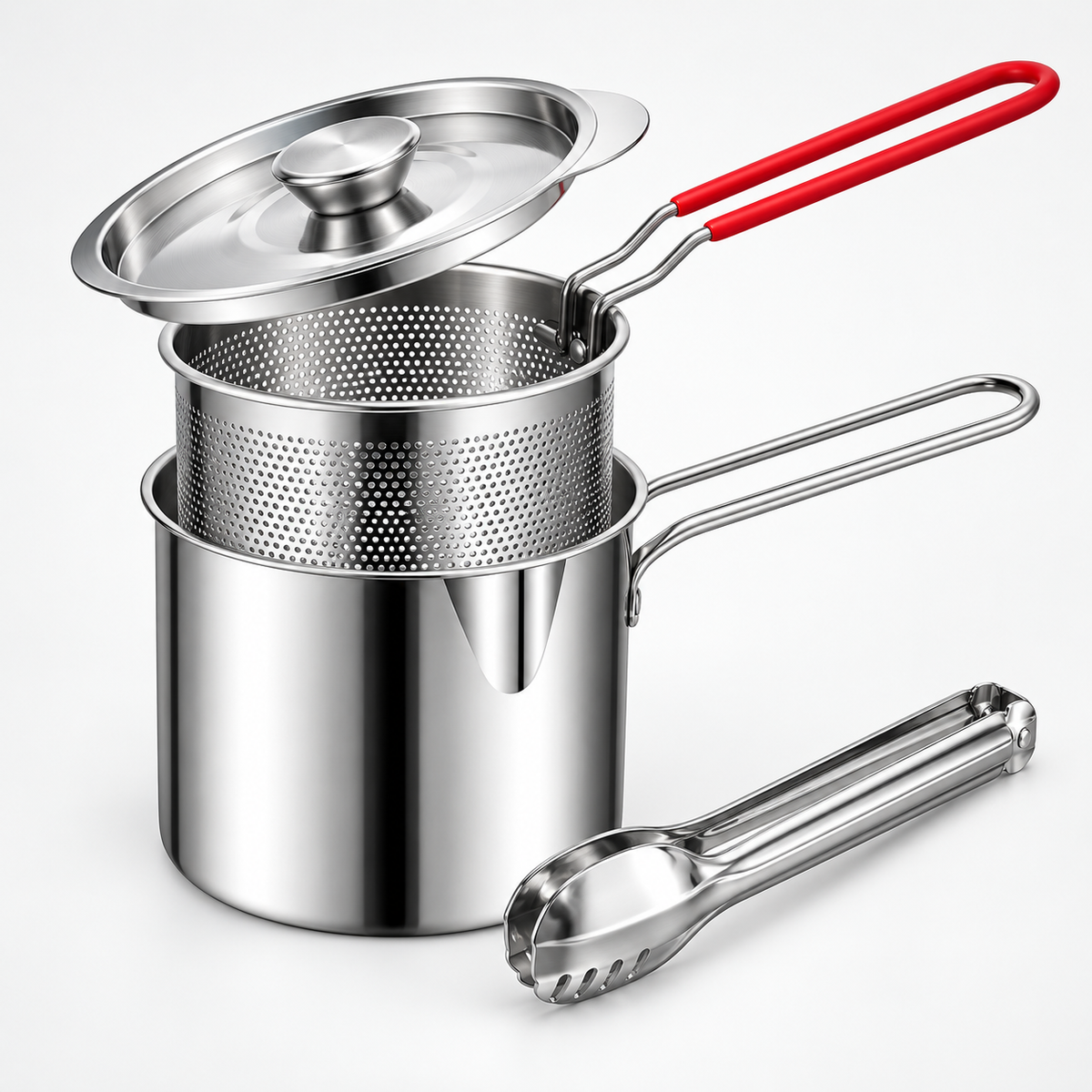 Mini Stainless Steel Deep Fryer Pot Set with Removable Draining Basket & Food Tongs