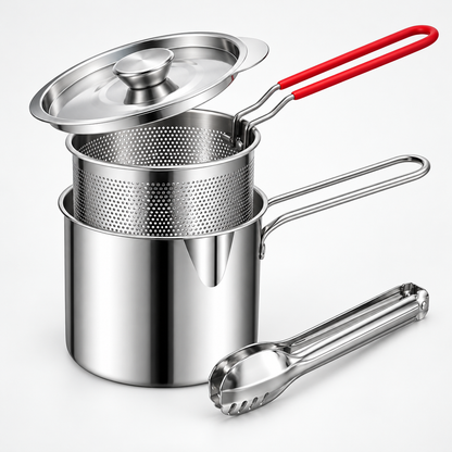 Mini Stainless Steel Deep Fryer Pot Set with Removable Draining Basket & Food Tongs