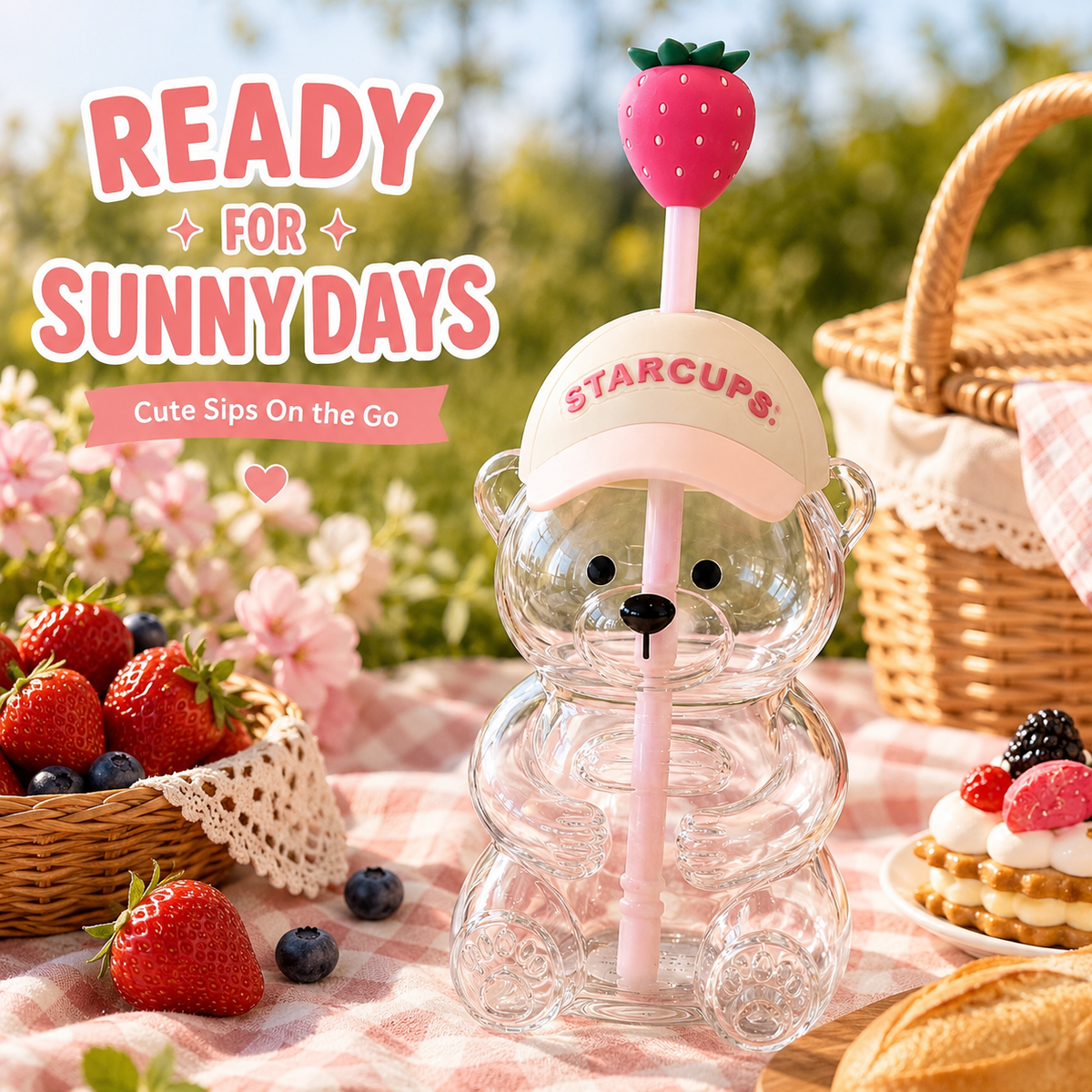2026 Cute Bear 20oz Glass Tumbler, Bear Lid + Strawberry Straw, Reusable Cup for Iced Coffee, Boba, Cold Drinks, Dishwasher Safe