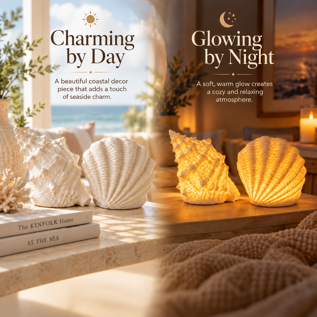 🐚 Cordless Shell & Conch Ambient Light Set – Coastal Glow Decor