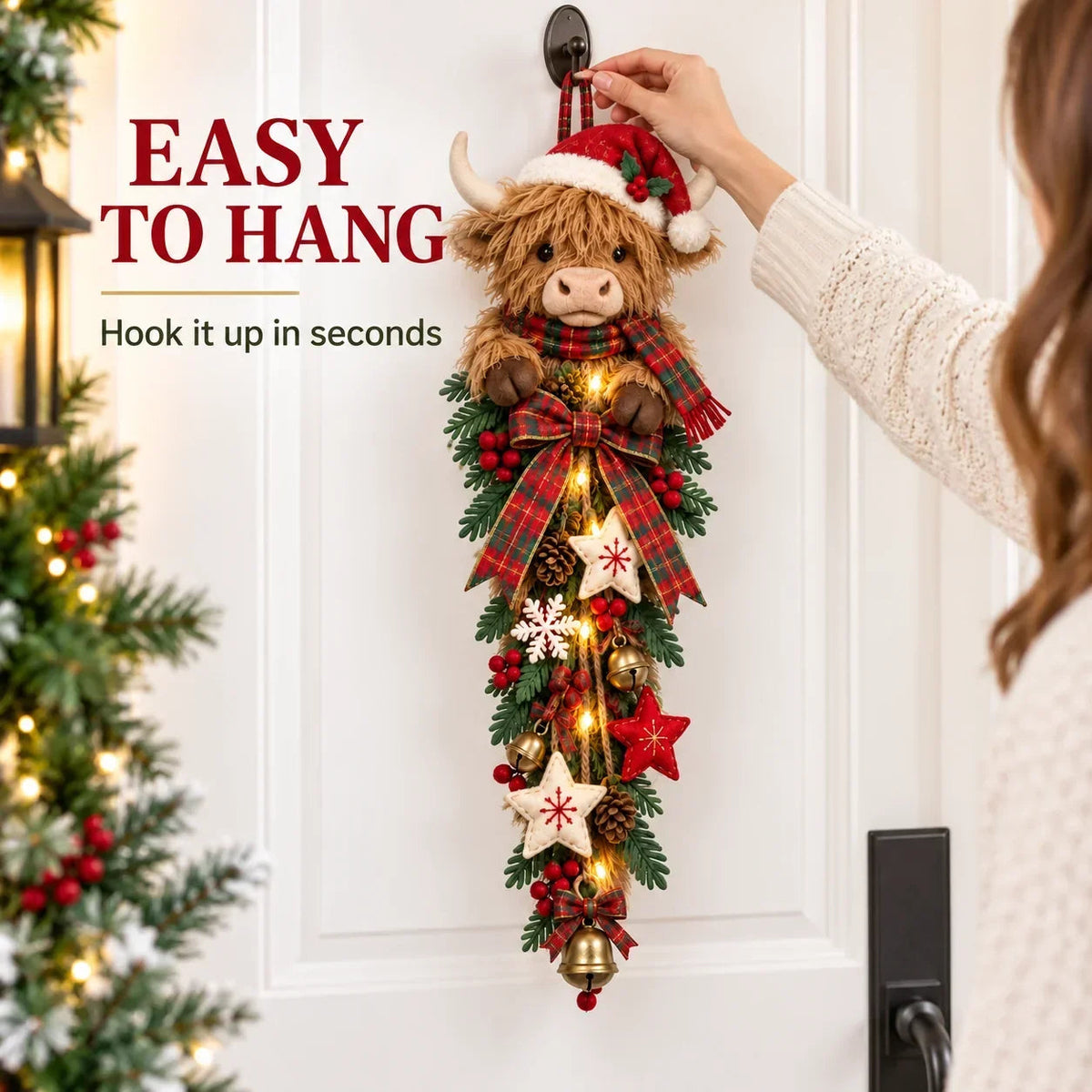 🎄 Lighted Highland Cow Christmas Door Swag – A Cozy Holiday Welcome