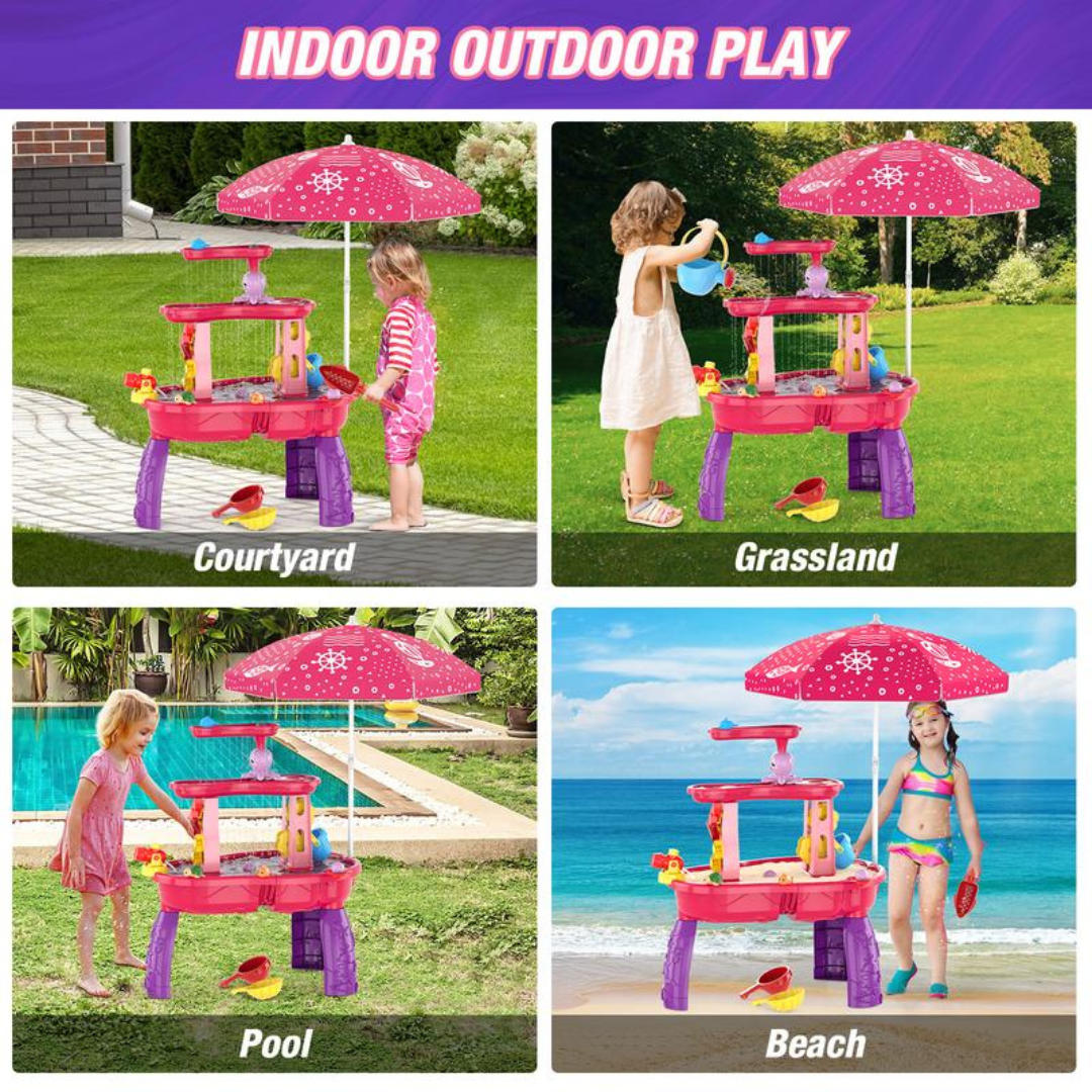 Water activity table used in courtyard grass pool and beach settings