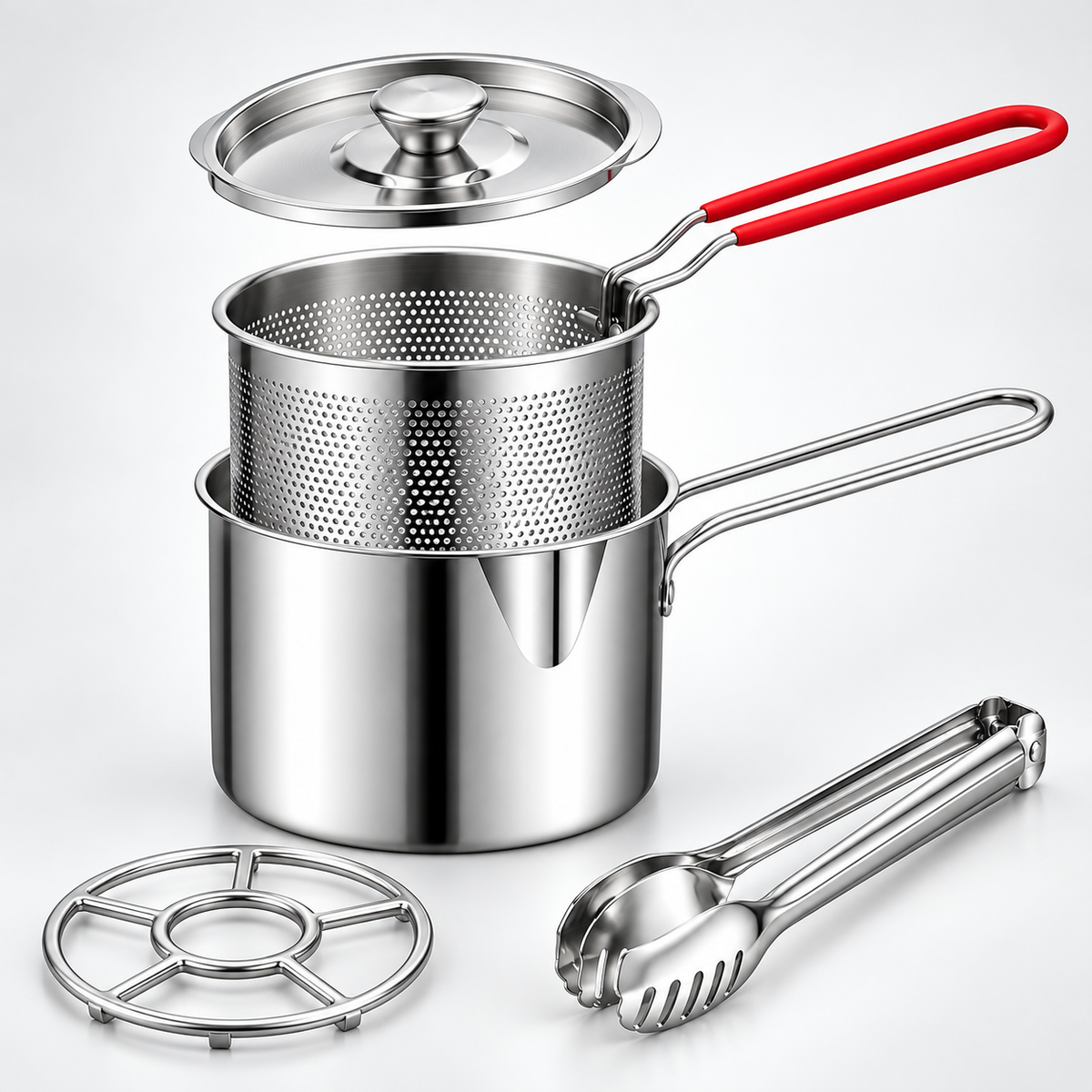 Mini Stainless Steel Deep Fryer Pot Set with Removable Draining Basket & Food Tongs