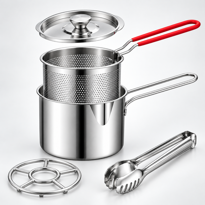 Mini Stainless Steel Deep Fryer Pot Set with Removable Draining Basket & Food Tongs