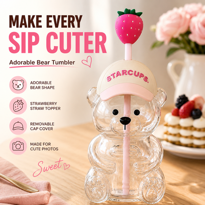 2026 Cute Bear 20oz Glass Tumbler, Bear Lid + Strawberry Straw, Reusable Cup for Iced Coffee, Boba, Cold Drinks, Dishwasher Safe