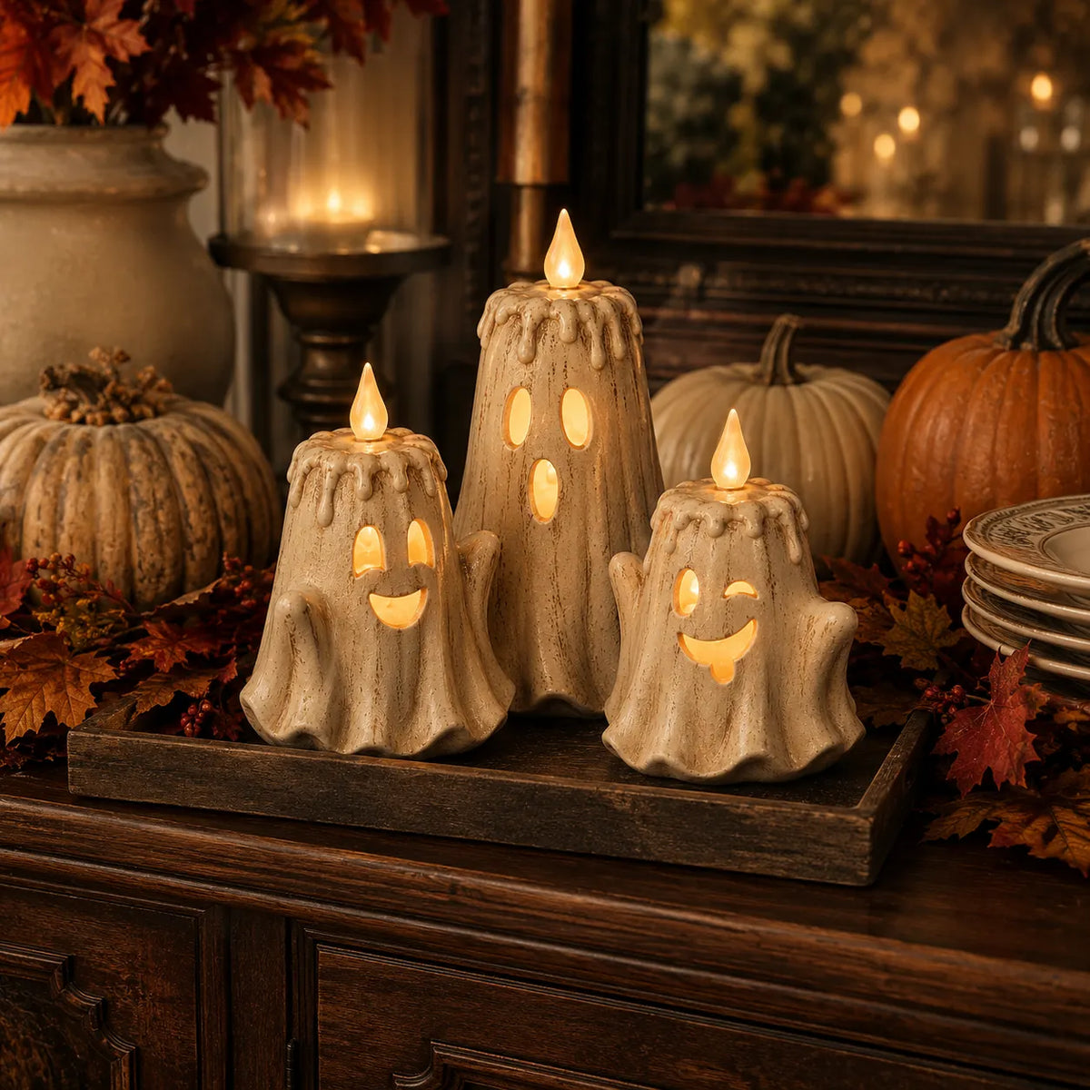 3-Piece Glowing Ghost Candle Set – Cozy Halloween Decor