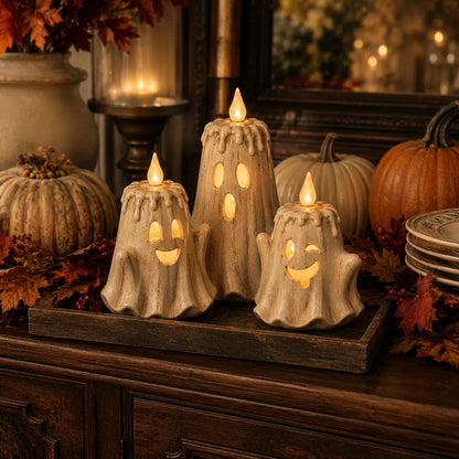 3-Piece Glowing Ghost Candle Set – Cozy Halloween Decor