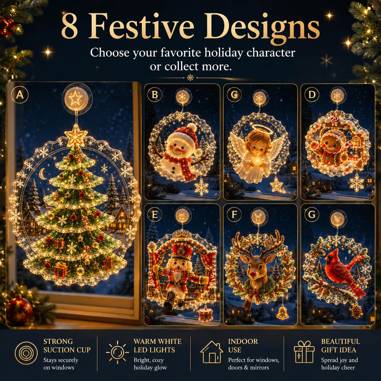 ✈️Last Day 50% OFF✨🎄Lighted Christmas Window Decoration with Suction Cup | Warm LED Window Light with Double-Layer Design & Multiple Festive Styles ✨