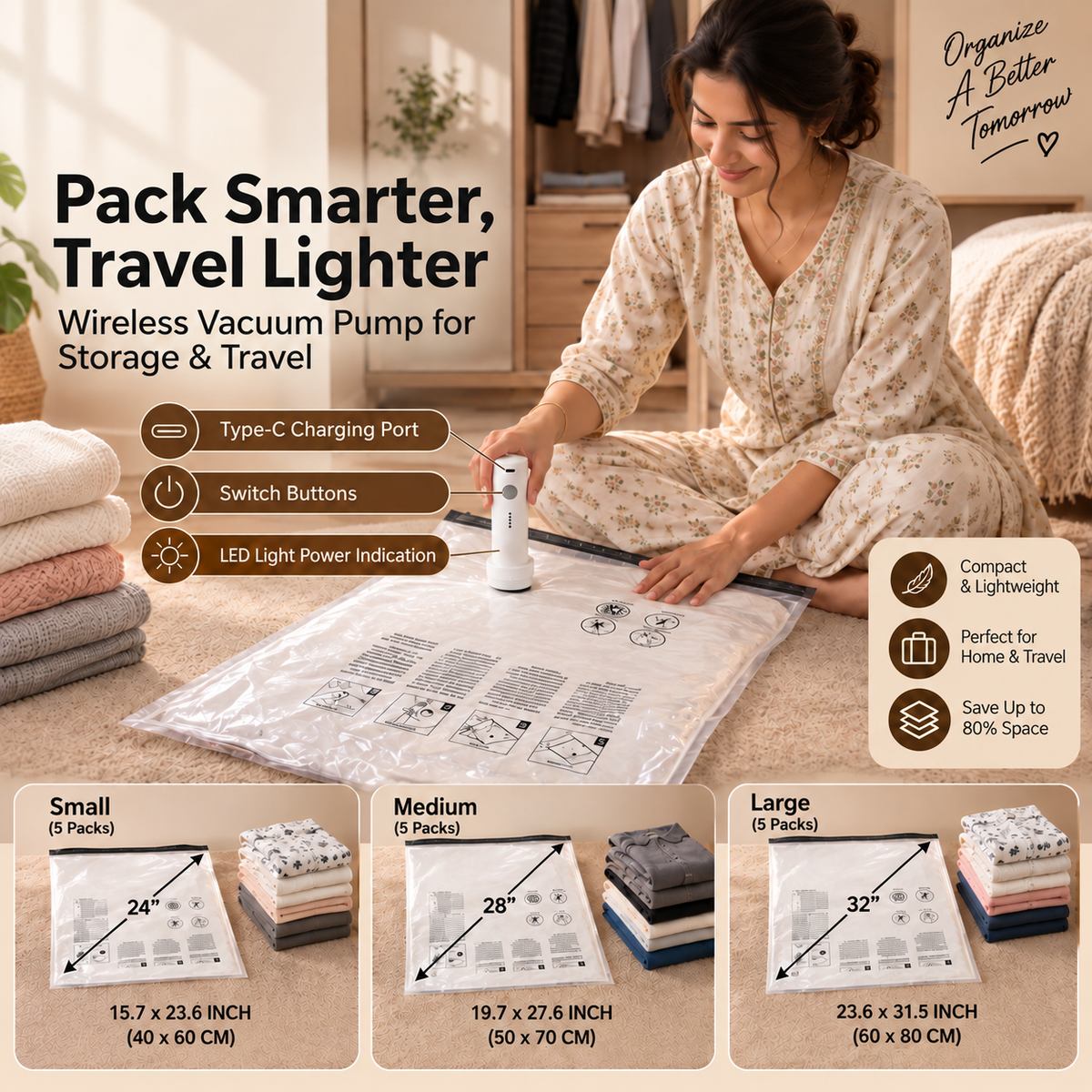 Vacuum Storage Bags with Rechargeable Electric Pump – Space Saving for Home & Travel