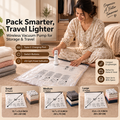 Vacuum Storage Bags with Rechargeable Electric Pump – Space Saving for Home & Travel