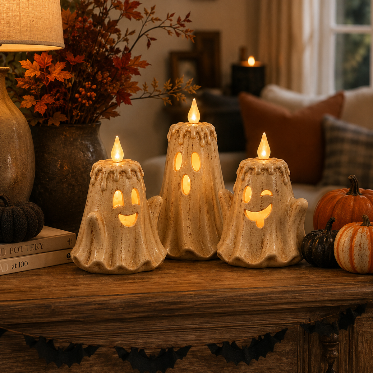 3-Piece Glowing Ghost Candle Set – Cozy Halloween Decor