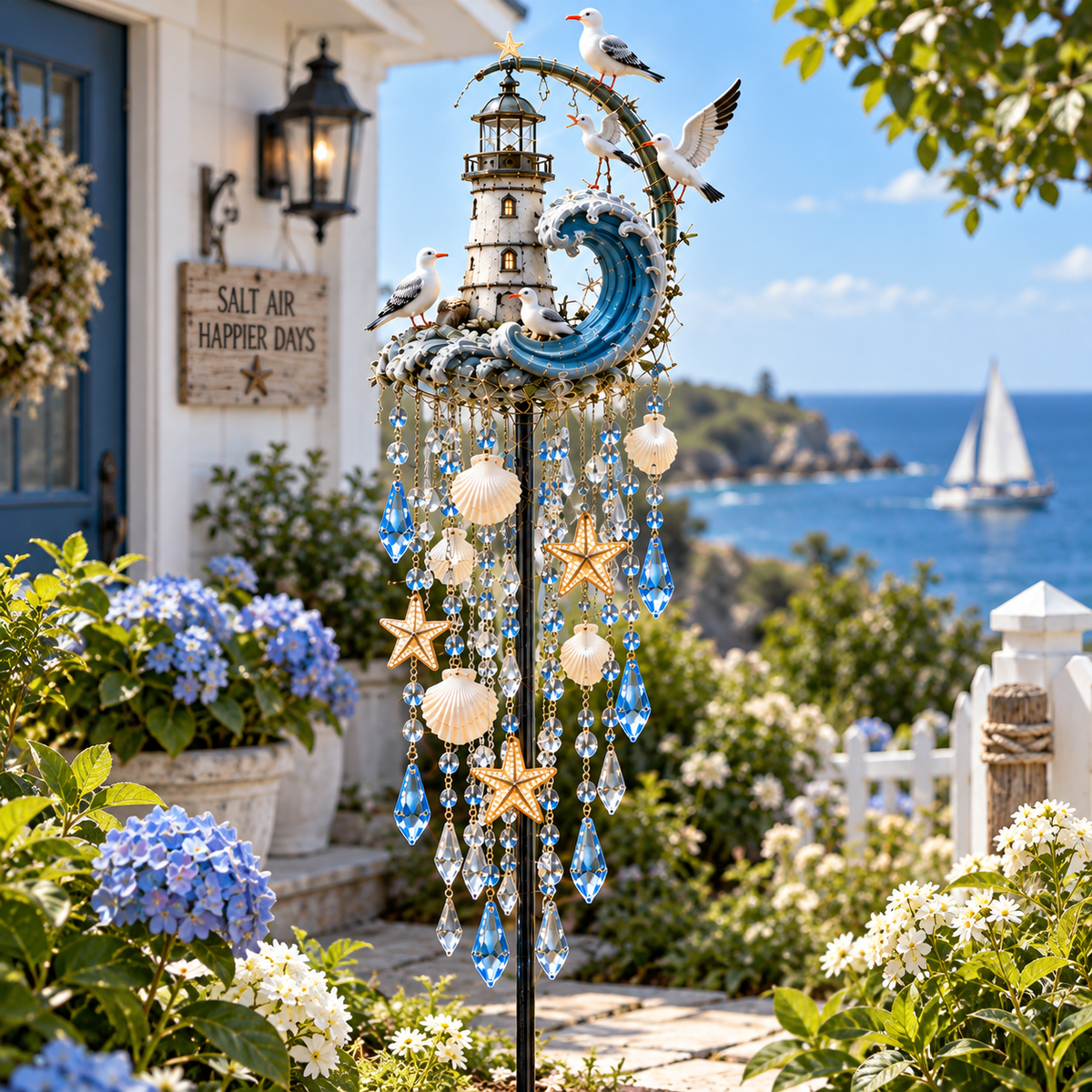 🌊 Lighthouse Tide Glow – Solar Lighthouse Garden Stake Light with Crystal Tassels