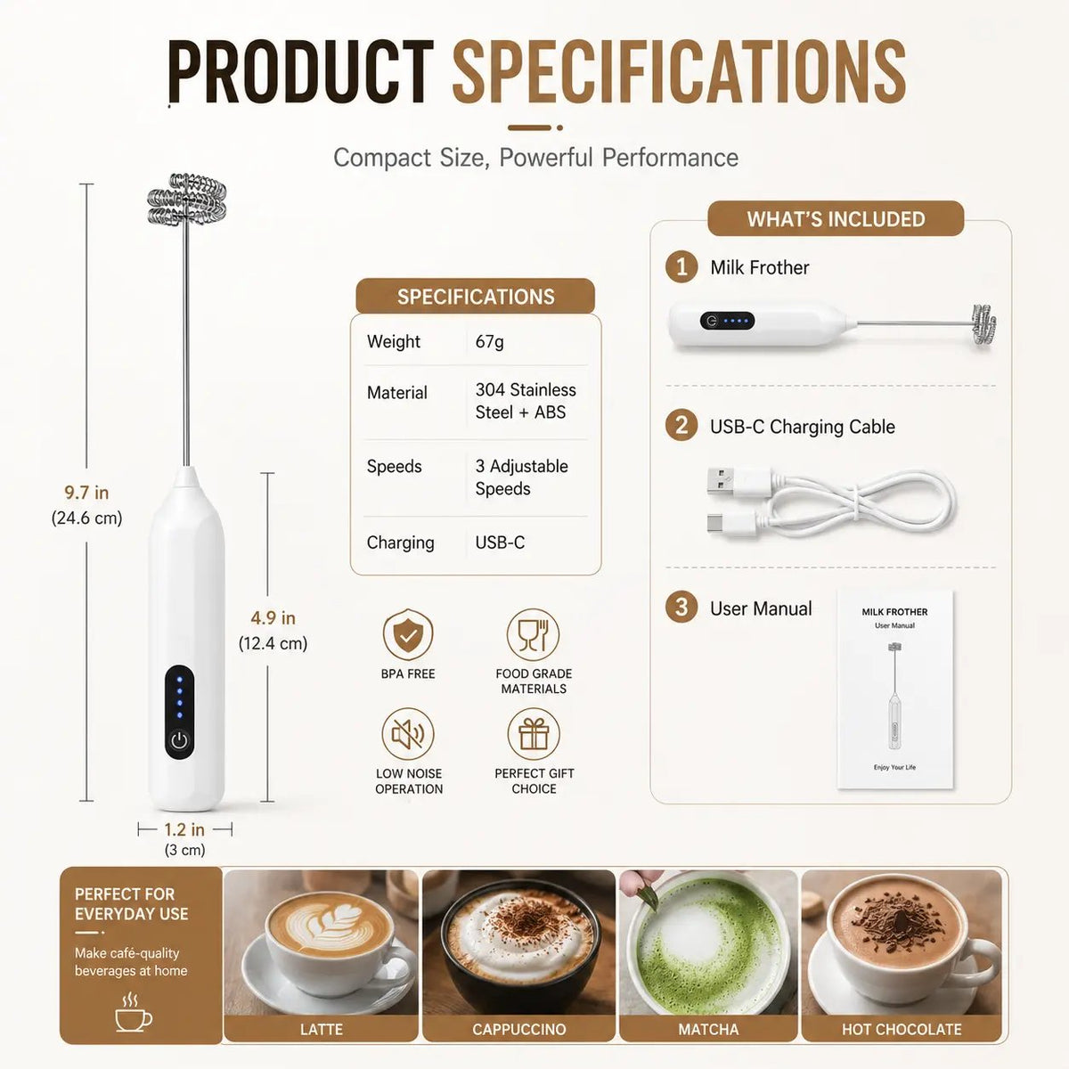 ⚡️3-Speed Rechargeable Milk Frother