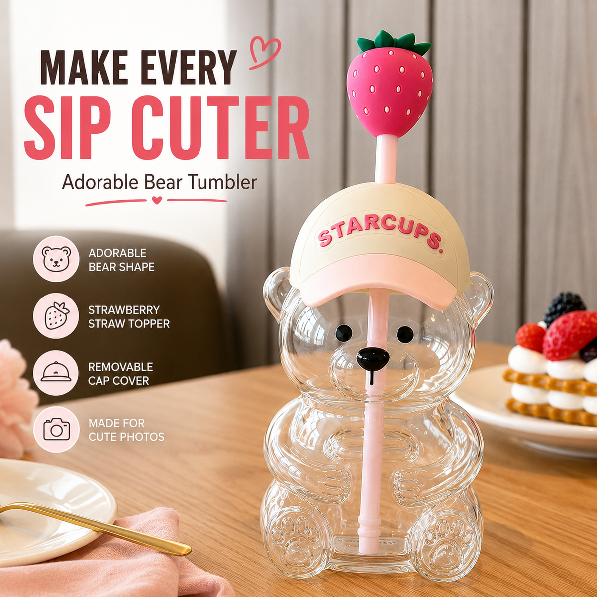 2026 Cute Bear 20oz Glass Tumbler, Bear Lid + Strawberry Straw, Reusable Cup for Iced Coffee, Boba, Cold Drinks, Dishwasher Safe