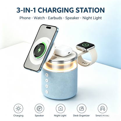 3-in-1 Magnetic Wireless Charging Speaker, Bluetooth Speaker, 15W iPhone Charger, Warm Night Light & Device Stand