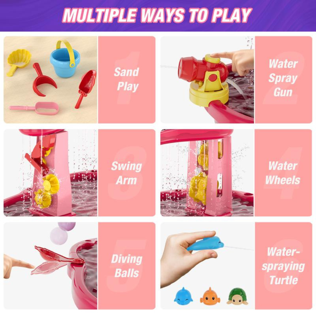 Sand play water spray wheels balls and turtle accessories