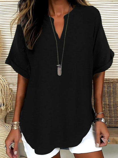 Women's Plain Shortsleeve Blouse, Casual Solid Color Top for Daily Wear, Ladies Clothes for All Seasons