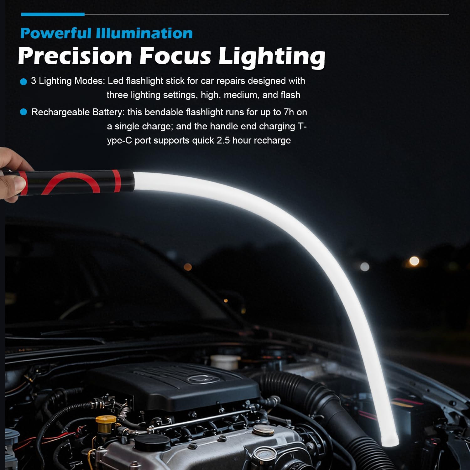 Flexible LED Flashlight Stick, 27" Bendable Mechanic Work Light High Lumen Professional Light 3 Lighting Modes Automotive Illumination Tool for Mechanic Car Repairs Under Hood Garage Inspection