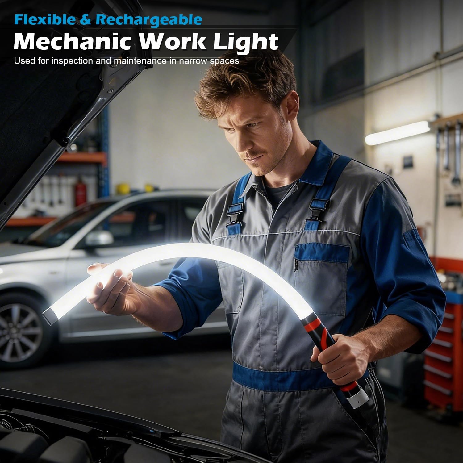 Flexible LED Flashlight Stick, 27" Bendable Mechanic Work Light High Lumen Professional Light 3 Lighting Modes Automotive Illumination Tool for Mechanic Car Repairs Under Hood Garage Inspection
