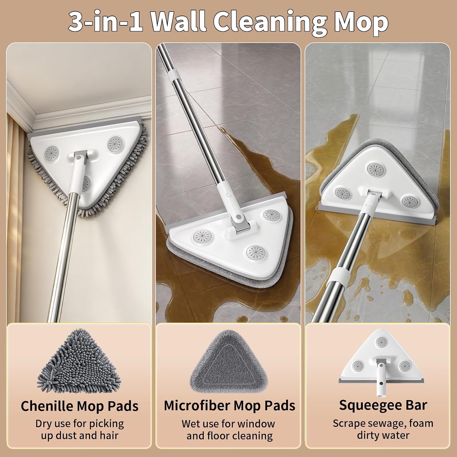 Long-handled mop, 3-in-1 wall cleaning mop with extension pole, suitable for windows, floors and cabinets.