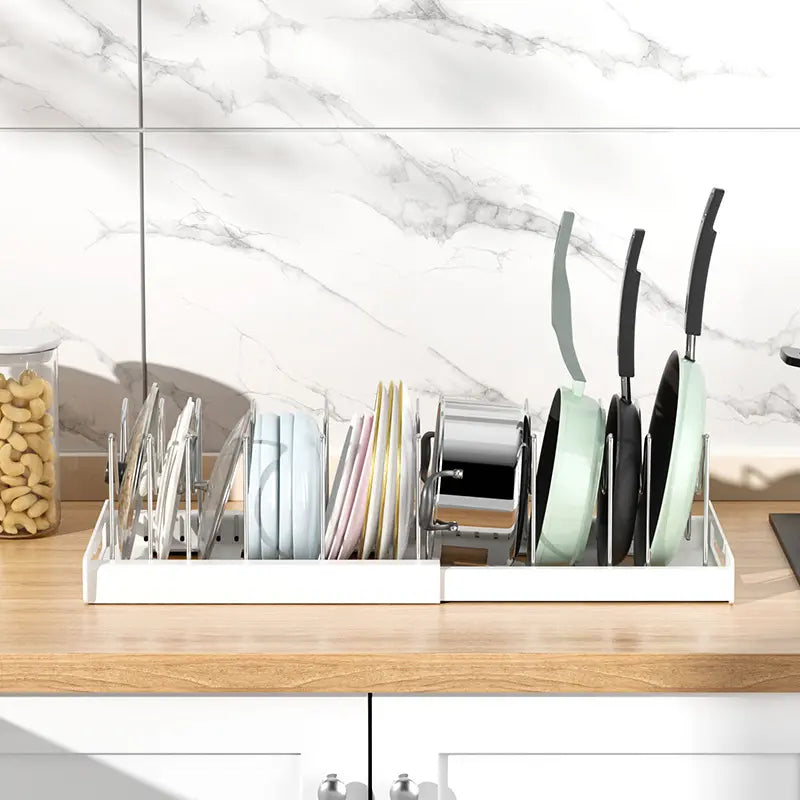 🍽️ 7/10-Slot Adjustable Tableware Organizer – Space-Saving Rack for Plates, Lids & Cutting Boards
