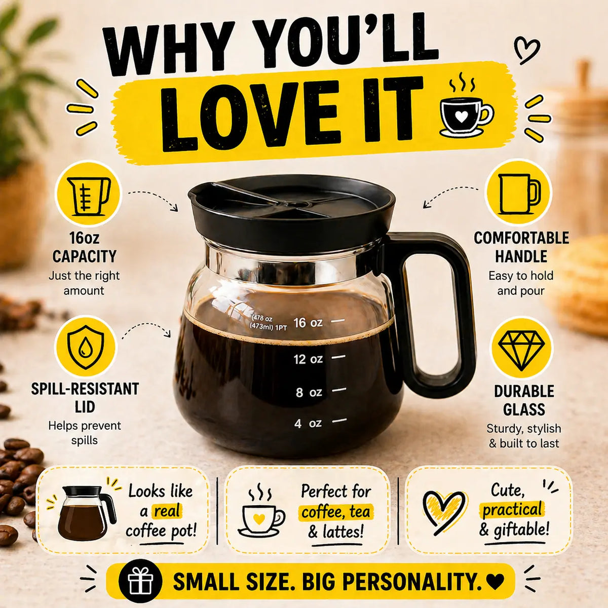 ☕ 16oz Coffee Pot-Shaped Glass Mug – Cute Borosilicate Coffee Cup
