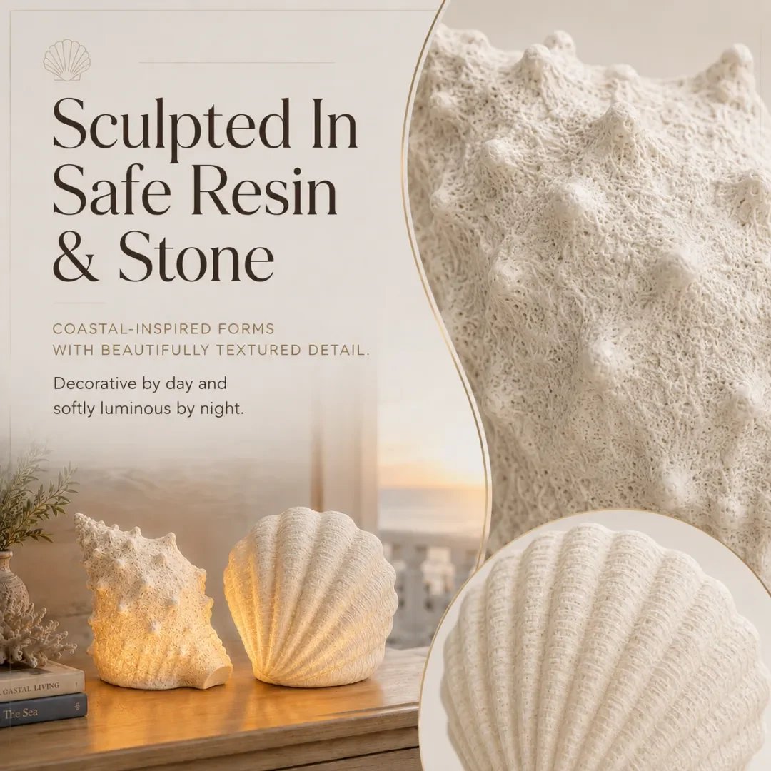 🐚 Cordless Shell & Conch Ambient Light Set – Coastal Glow Decor