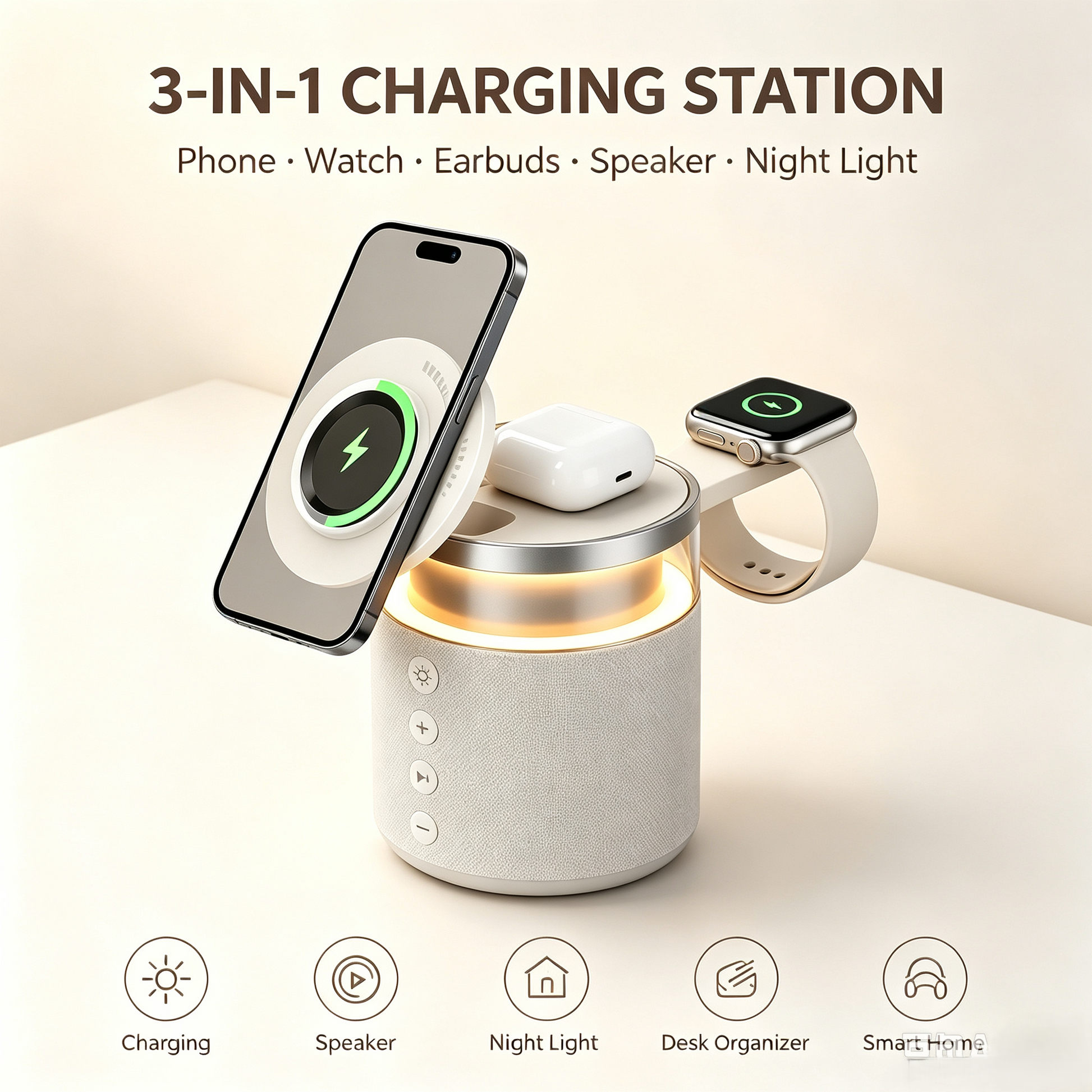 3-in-1 Magnetic Wireless Charging Speaker, Bluetooth Speaker, 15W iPhone Charger, Warm Night Light & Device Stand
