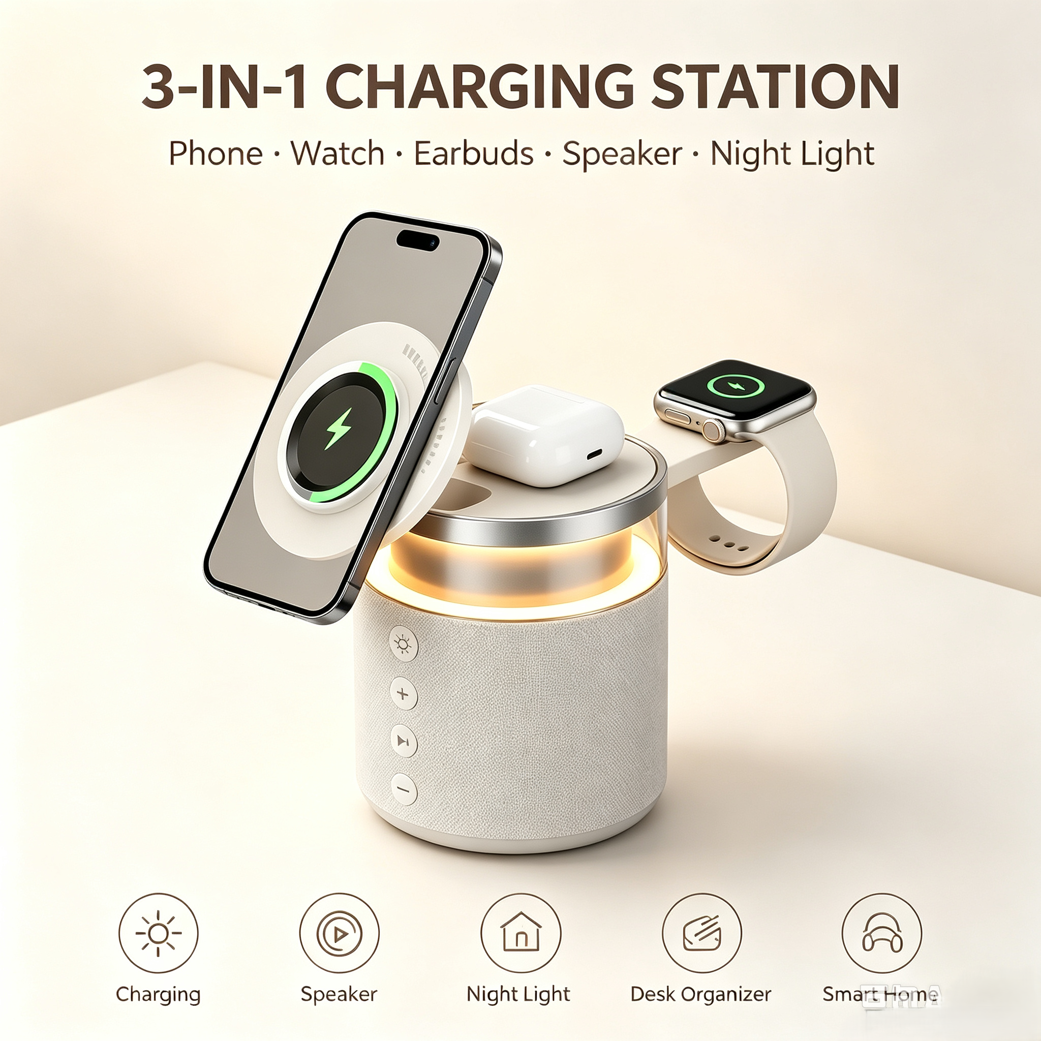 3-in-1 Magnetic Wireless Charging Speaker, Bluetooth Speaker, 15W iPhone Charger, Warm Night Light & Device Stand
