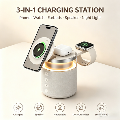 3-in-1 Magnetic Wireless Charging Speaker, Bluetooth Speaker, 15W iPhone Charger, Warm Night Light & Device Stand