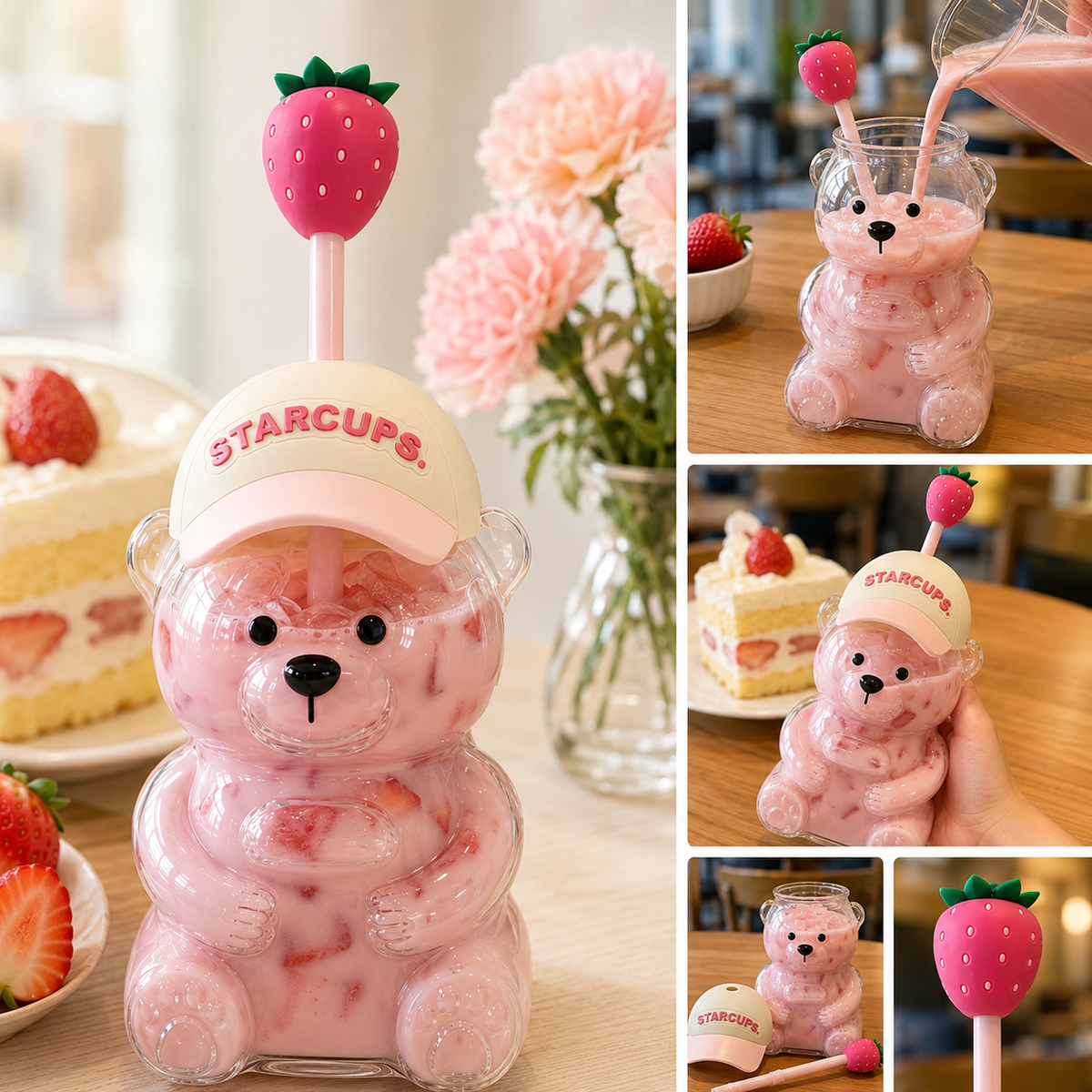 2026 Cute Bear 20oz Glass Tumbler, Bear Lid + Strawberry Straw, Reusable Cup for Iced Coffee, Boba, Cold Drinks, Dishwasher Safe
