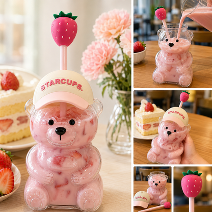 2026 Cute Bear 20oz Glass Tumbler, Bear Lid + Strawberry Straw, Reusable Cup for Iced Coffee, Boba, Cold Drinks, Dishwasher Safe