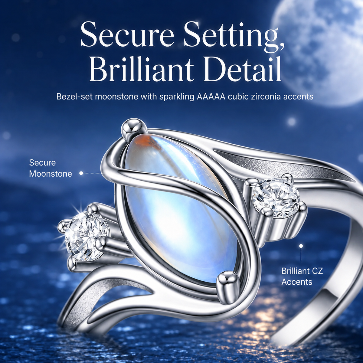 🎁💍925 Sterling Silver Rainbow Moonstone Ring