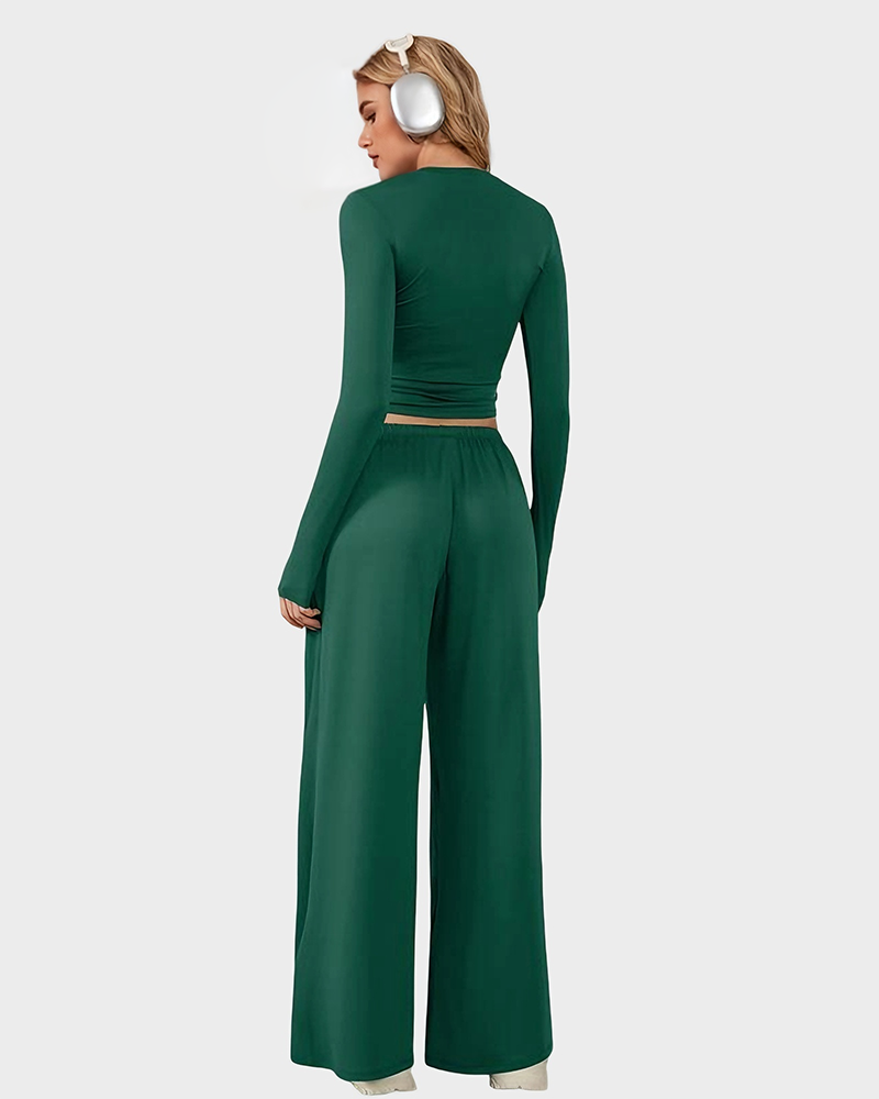 Wide-Leg Lounge Set for Women Stretchy Crop Top & Pants