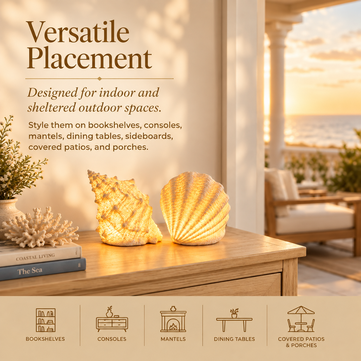 🐚 Cordless Shell & Conch Ambient Light Set – Coastal Glow Decor