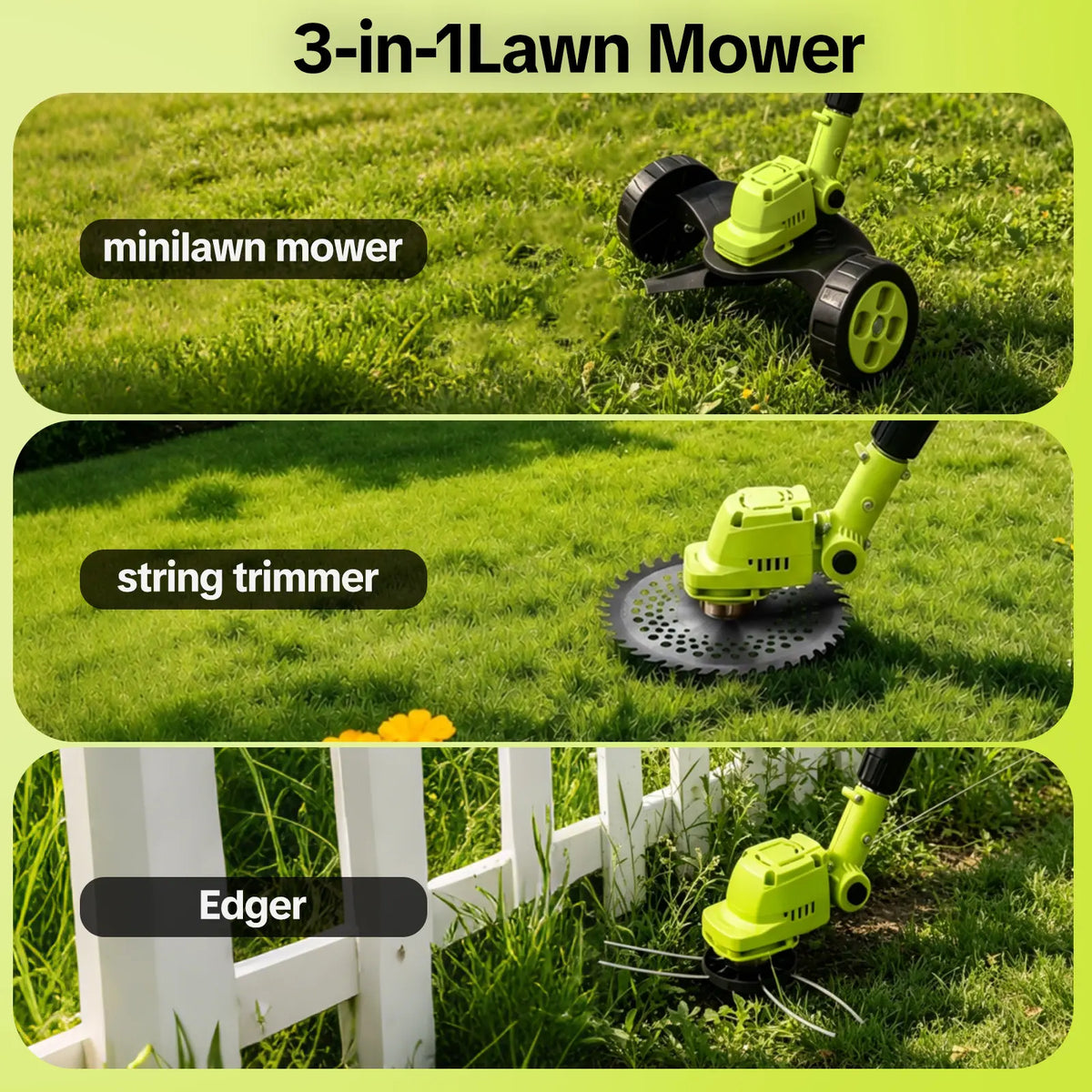3-in-1 Cordless Lawn Mower, Grass Trimmer & Lawn Edger with 2×21V Batteries