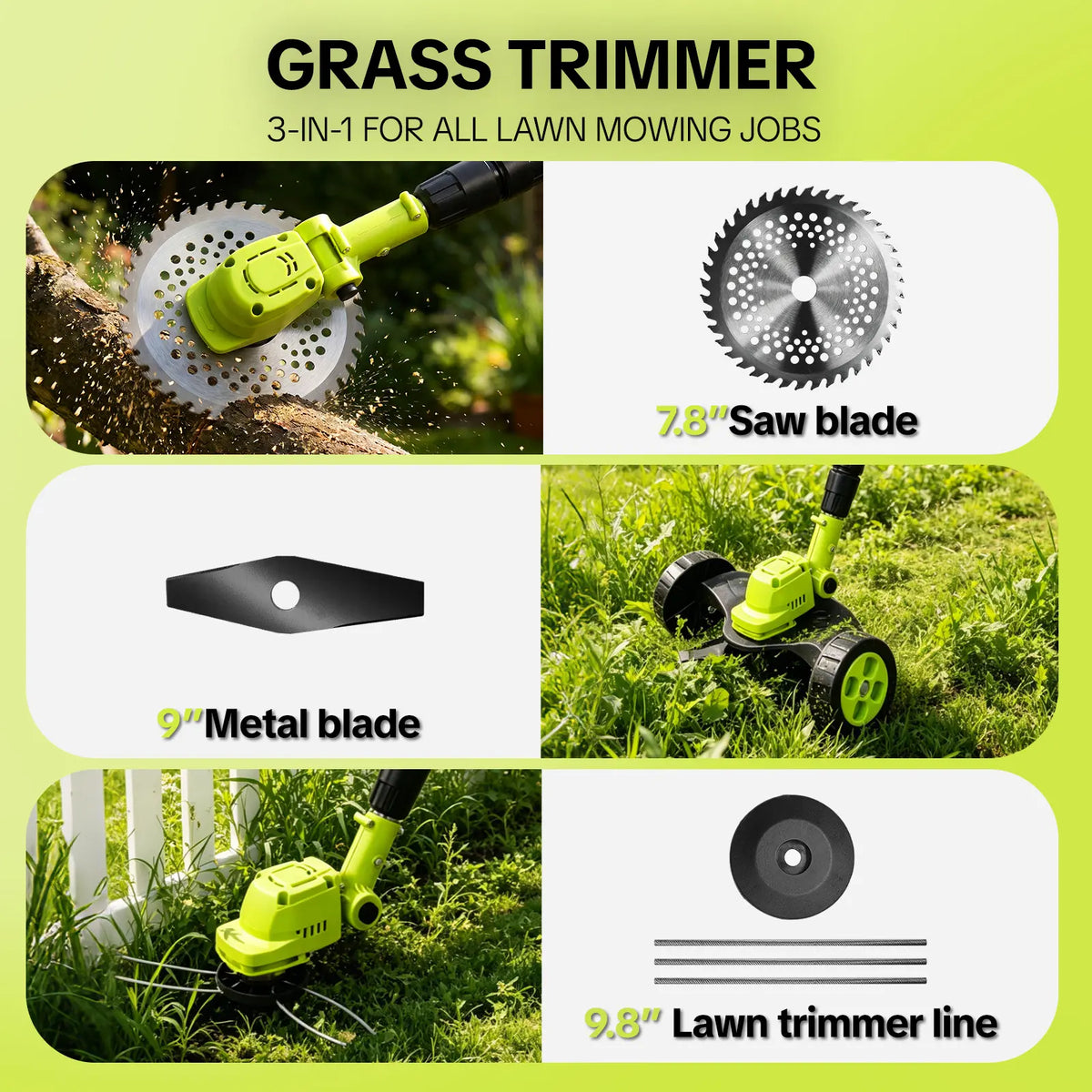 3-in-1 Cordless Lawn Mower, Grass Trimmer & Lawn Edger with 2×21V Batteries