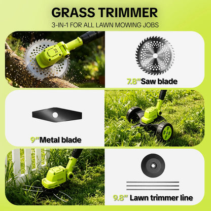 3-in-1 Cordless Lawn Mower, Grass Trimmer & Lawn Edger with 2×21V Batteries