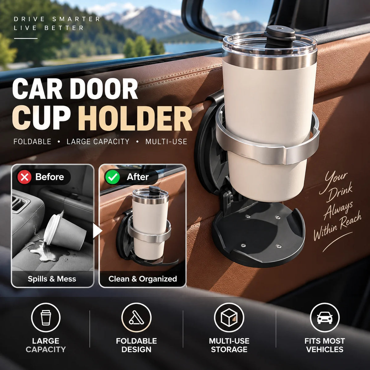 🚗Foldable Car Door Cup Holder with Space-Saving Design